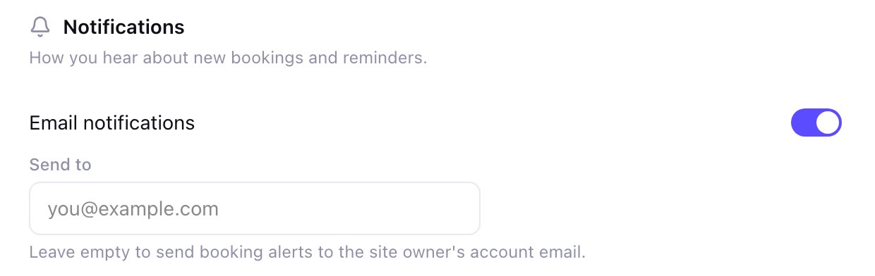 The Notifications zone of the Settings tab in Zarla's Bookings dashboard — email notifications switched on, with a Send to field for the address that gets booking alerts