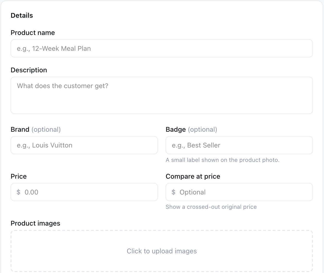 The Add a product form in a Zarla dashboard — Product name, Description, Brand and Badge fields, Price and Compare at price, and a Product images upload box