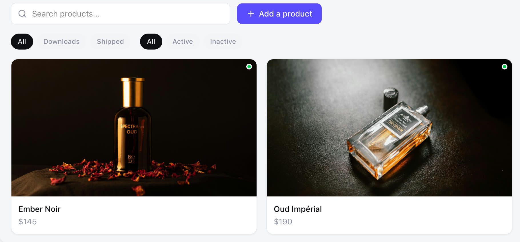 The Products tab in a Zarla dashboard — a search box, an Add a product button, Downloads and Shipped and Active and Inactive filters, and two perfume products with their prices