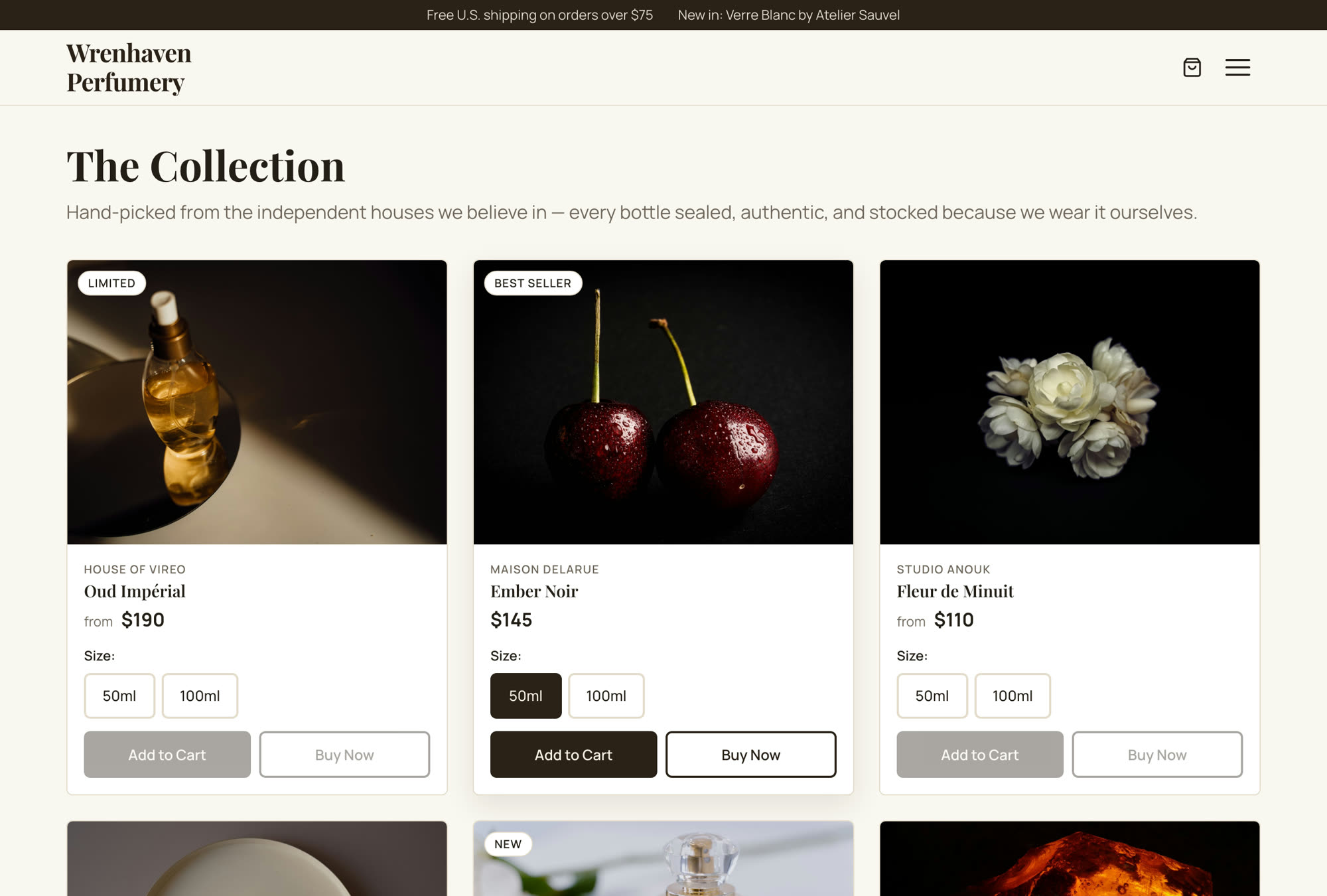 A Zarla storefront's shop section — The Collection, three perfume cards with Limited and Best Seller badges, from-prices, 50ml and 100ml size chips, and Add to Cart and Buy Now buttons live on the middle card