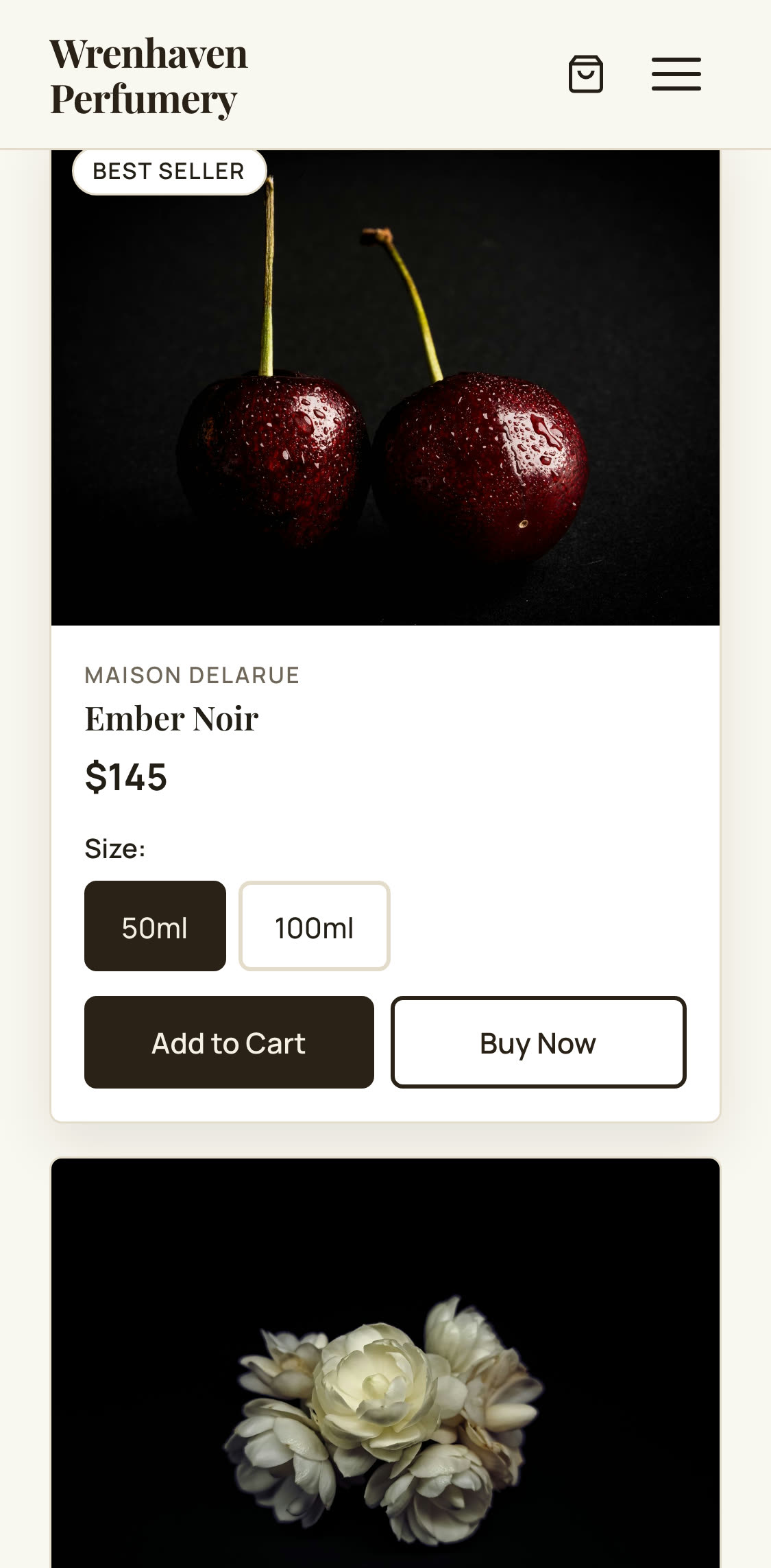 A Zarla storefront on a phone — the site header with a cart icon, then the Ember Noir card with a Best Seller badge, $145, 50ml picked from the size chips, and Add to Cart and Buy Now buttons