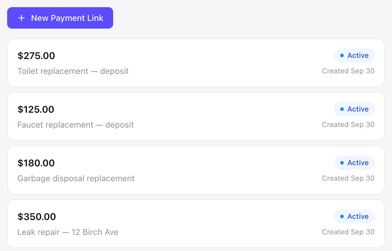 The Payment Links list in a Zarla dashboard — a New Payment Link button and four active links: $275.00 toilet replacement deposit, $125.00 faucet replacement deposit, $180.00 garbage disposal replacement and $350.00 leak repair
