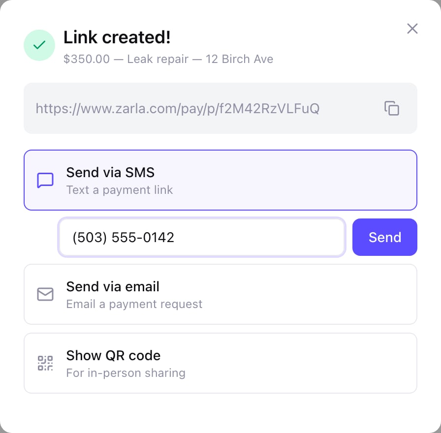 The Link created! sheet in a Zarla dashboard — $350.00 for Leak repair, 12 Birch Ave, the payment link with a copy button, Send via SMS open with a phone number typed in, and Send via email and Show QR code below