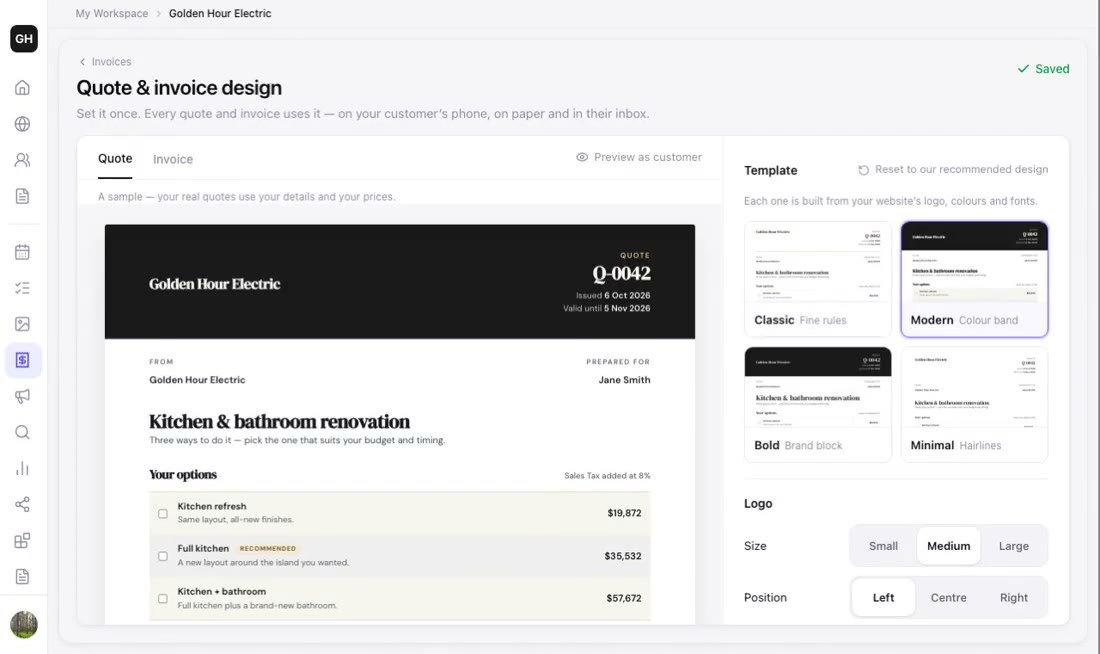 The Quote & invoice design page in a Zarla dashboard with the Modern template picked — a sample quote for Golden Hour Electric under a dark color band, and on the right the four templates (Classic, Modern, Bold and Minimal) with logo size and position controls