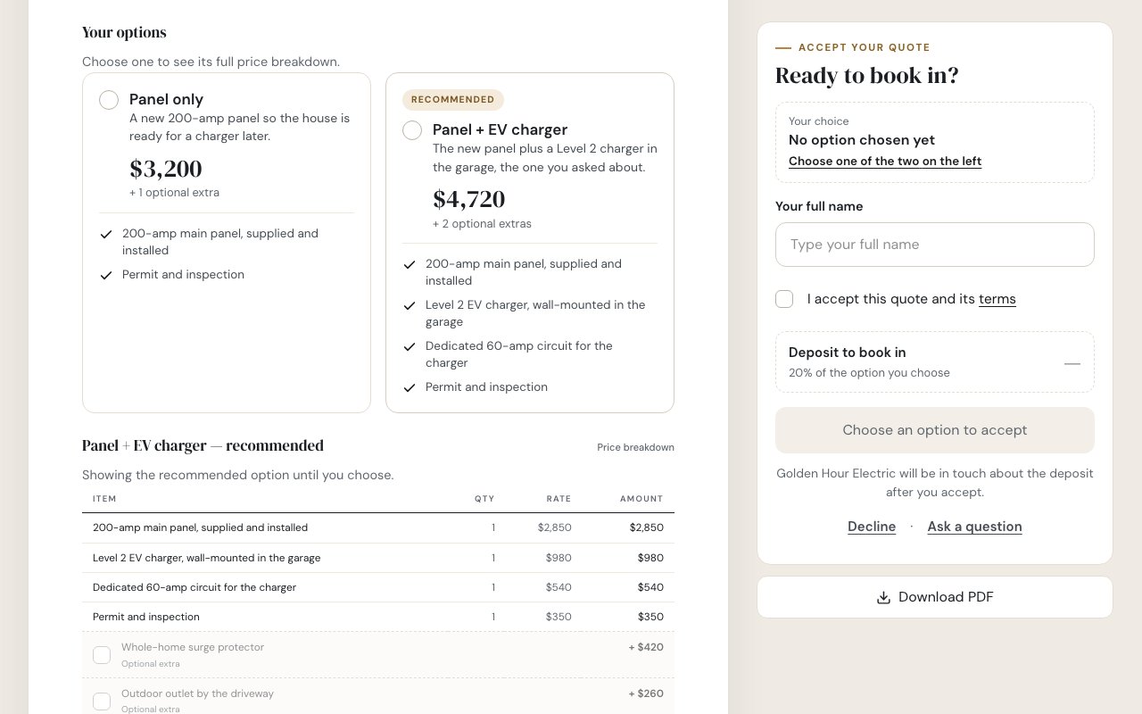 A Zarla quote as the customer sees it in the Classic design — two options side by side, Panel only at $3,200 and Panel + EV charger at $4,720 marked Recommended, and a Ready to book in? card with a name box and an accept checkbox