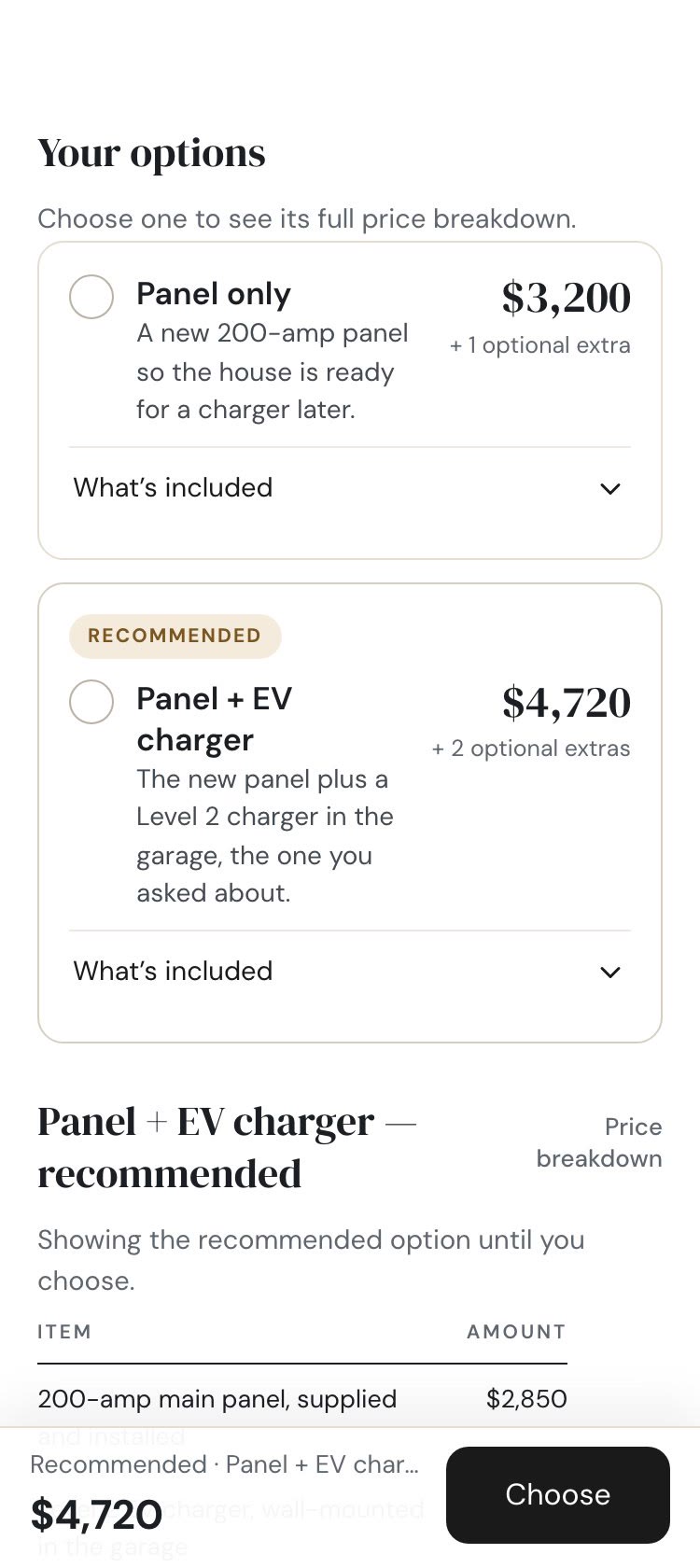 A Zarla quote on a phone — Your options with Panel only at $3,200 and Panel + EV charger at $4,720 marked Recommended, and a total bar at the bottom of the screen with a Choose button