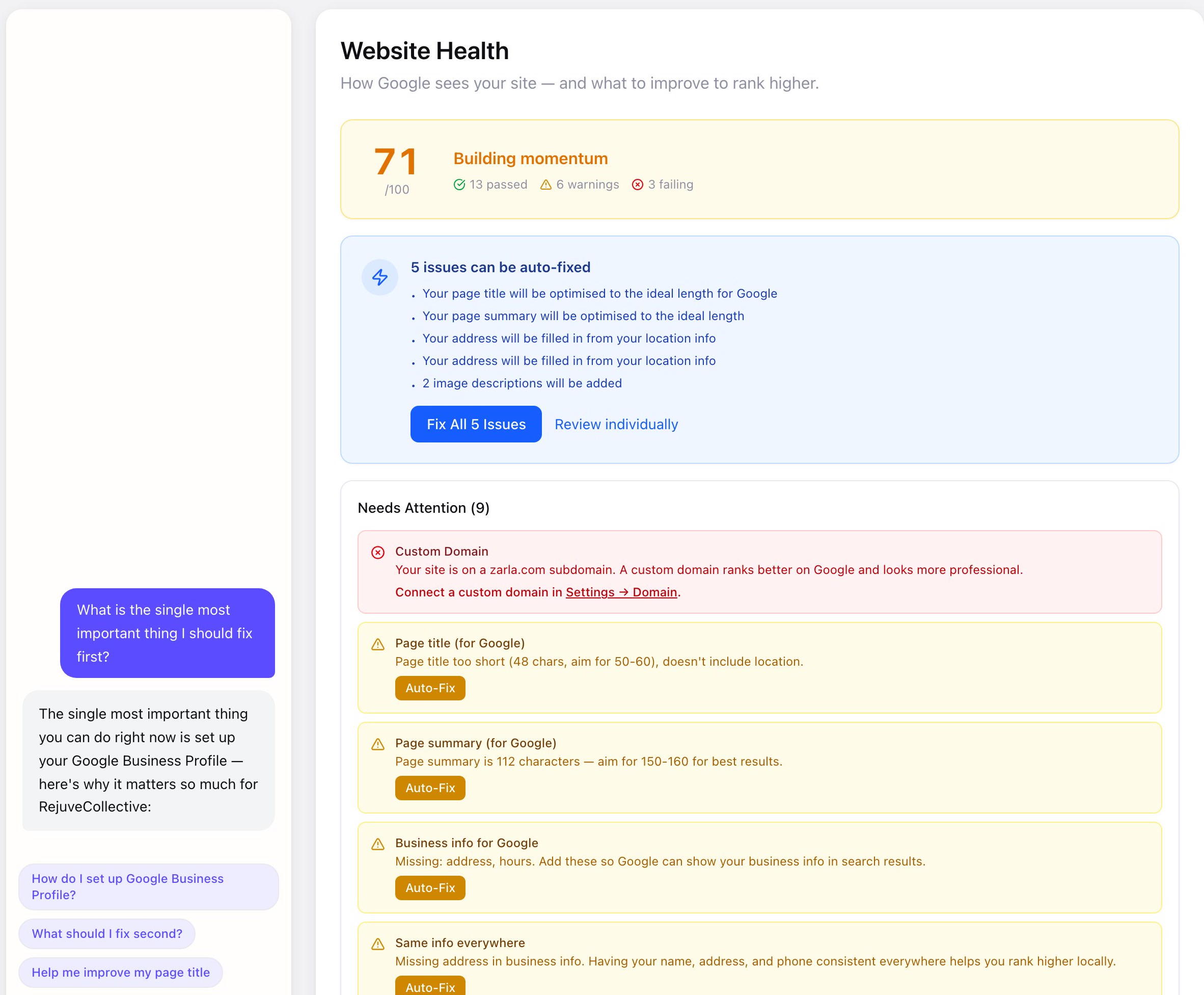 Zarla's AI SEO coach answering 'What is the single most important thing I should fix first?' next to the Website Health report — a 71/100 score and a Fix All 5 Issues button