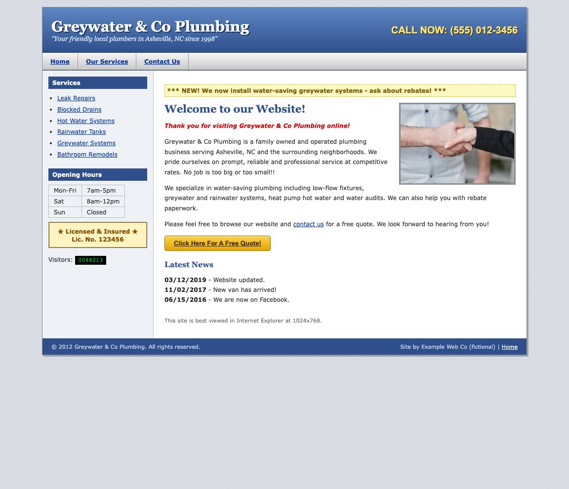 Before: Greywater & Co Plumbing's dated website, a 2012-style layout with a visitor counter