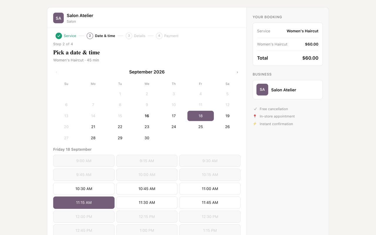 A salon's booking page on a Zarla site: the customer has picked a haircut and is choosing a September date and an 11:15 am slot, with the booking total on the right.