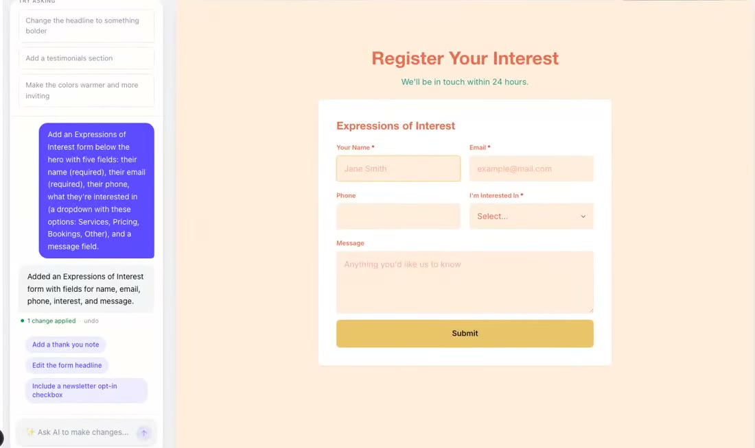 The Zarla editor: a chat request describing a five-field form, and the finished form rendered on the page beside it.