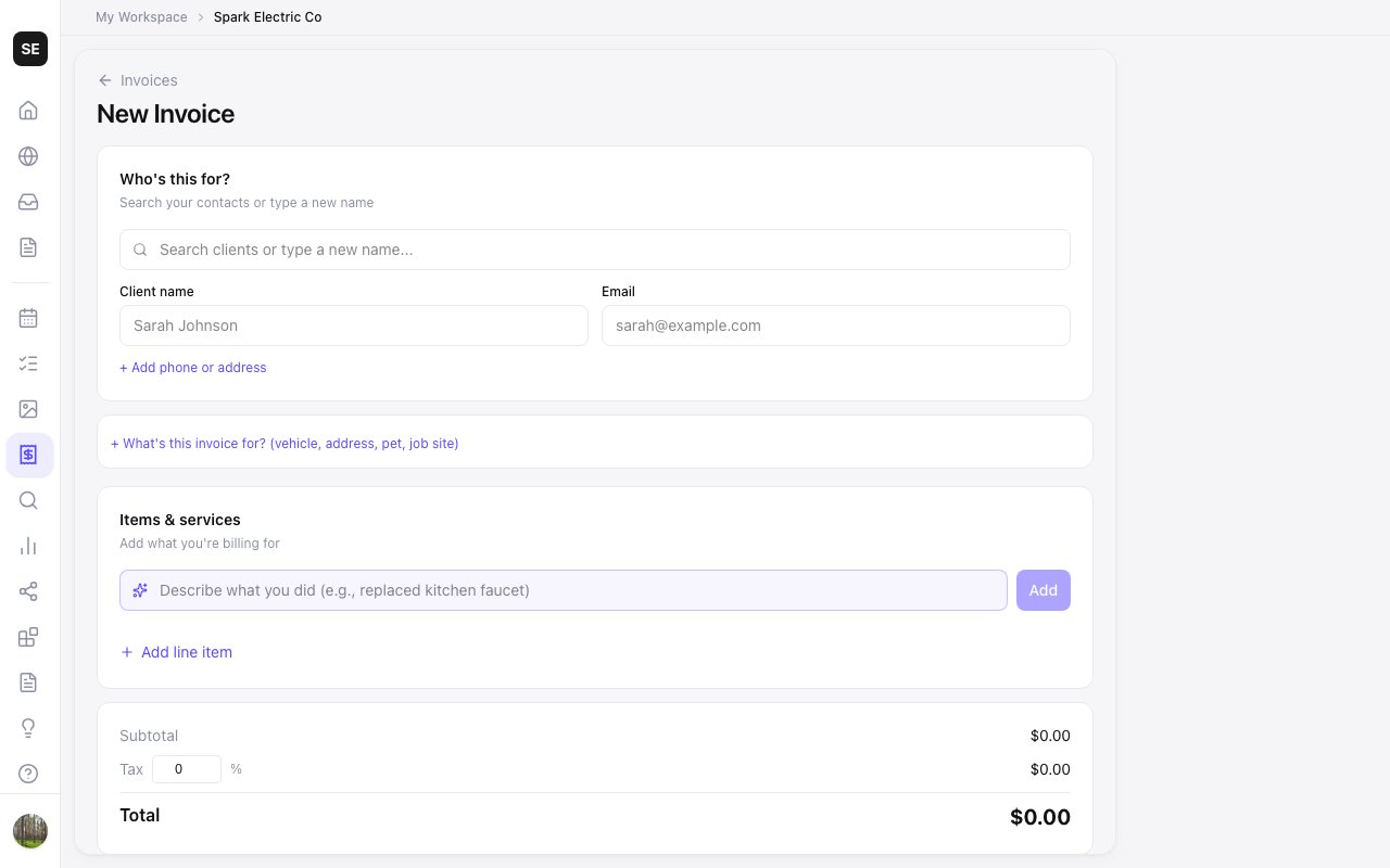 Zarla's new-invoice form: customer, line items, and totals, ready to send.