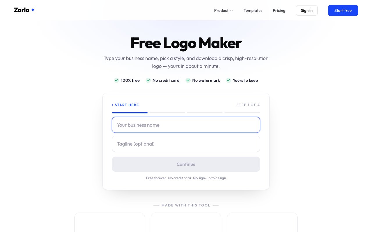 The free logo maker page: type your business name to start.