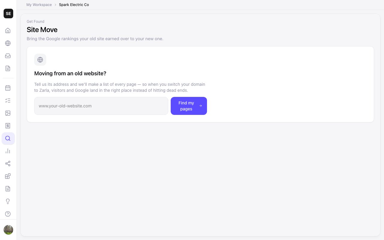 Zarla's Site Move page inside Get Found: enter your old website's address and it lists the pages to redirect.