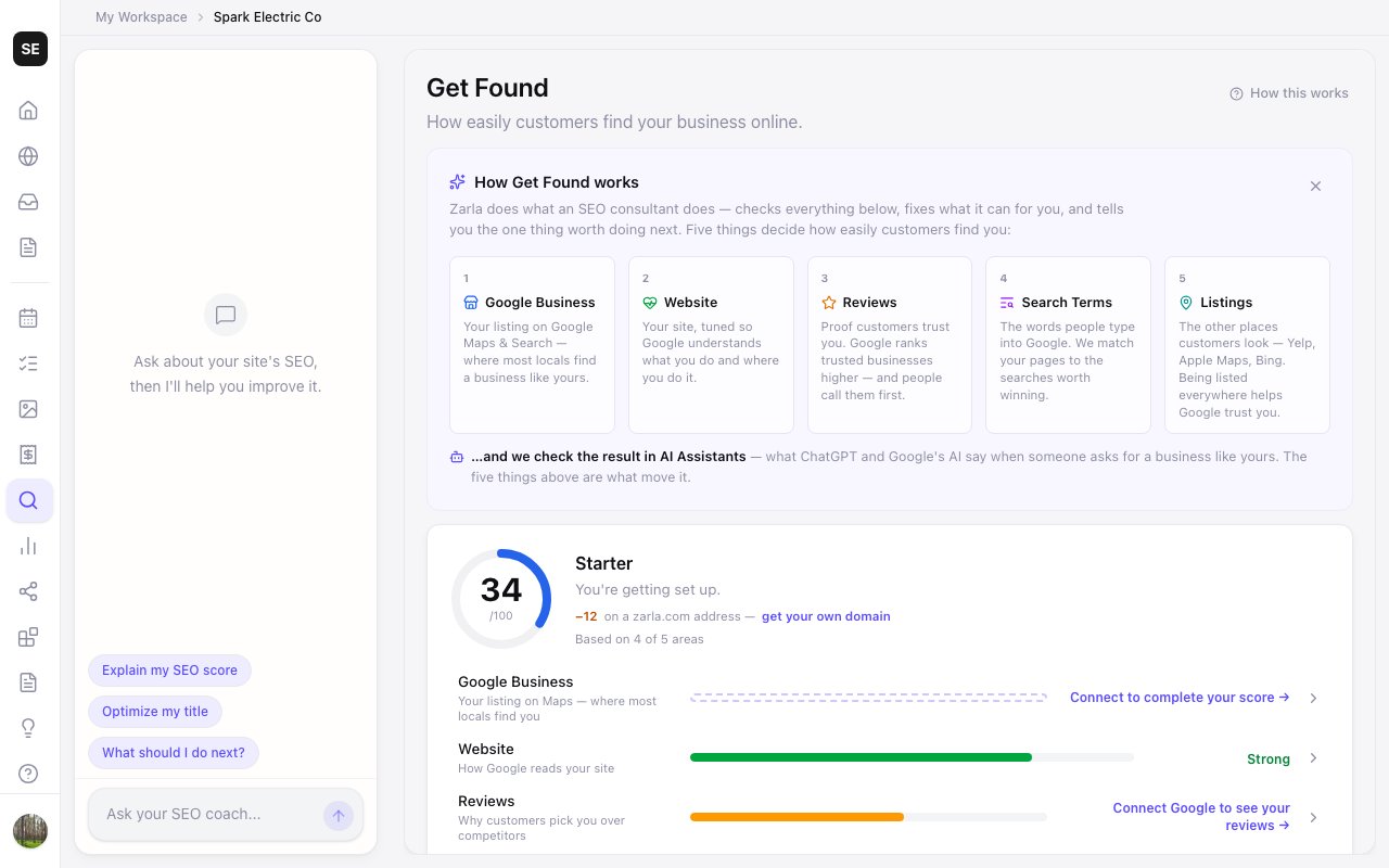 Zarla's Get Found page for a live electrician's site: the five scored areas explained, and a score of 34 out of 100.
