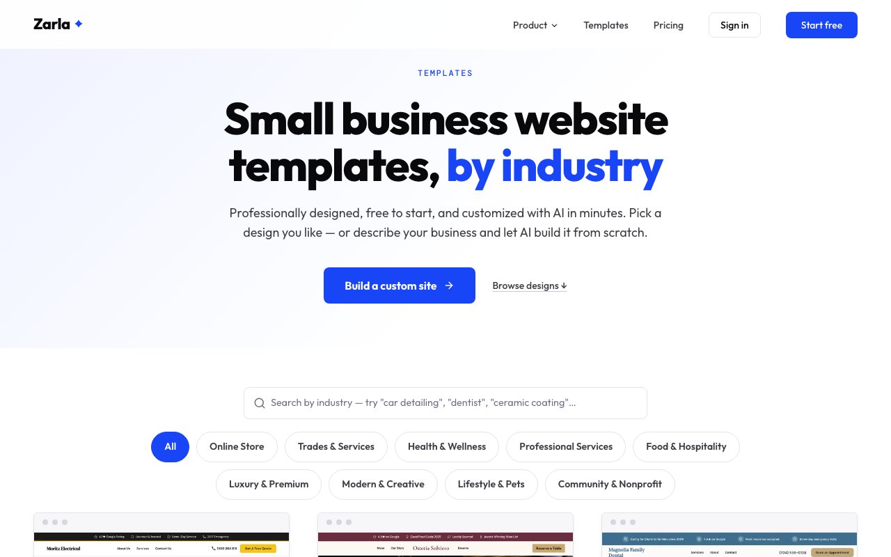 The Zarla templates gallery: category filters above the first row of website designs.