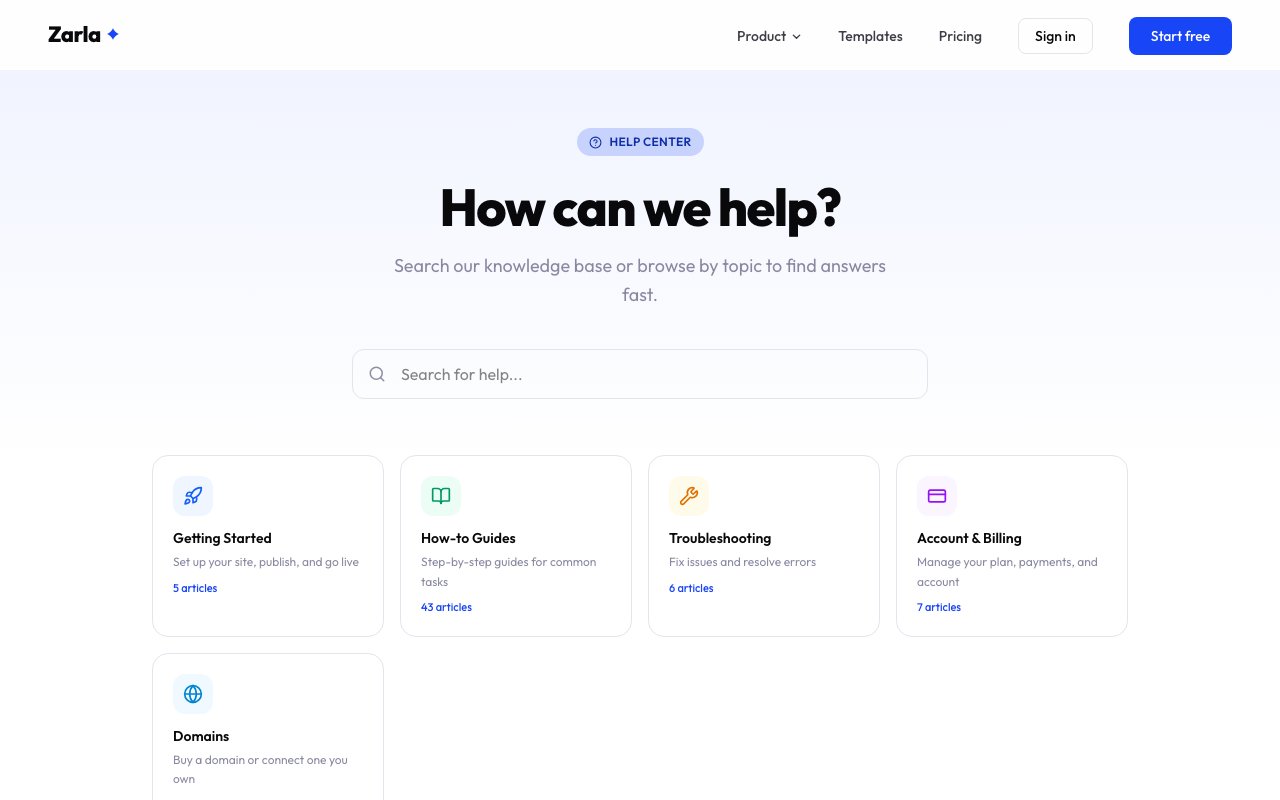 The Zarla Help Center home page with a search box and topic cards.