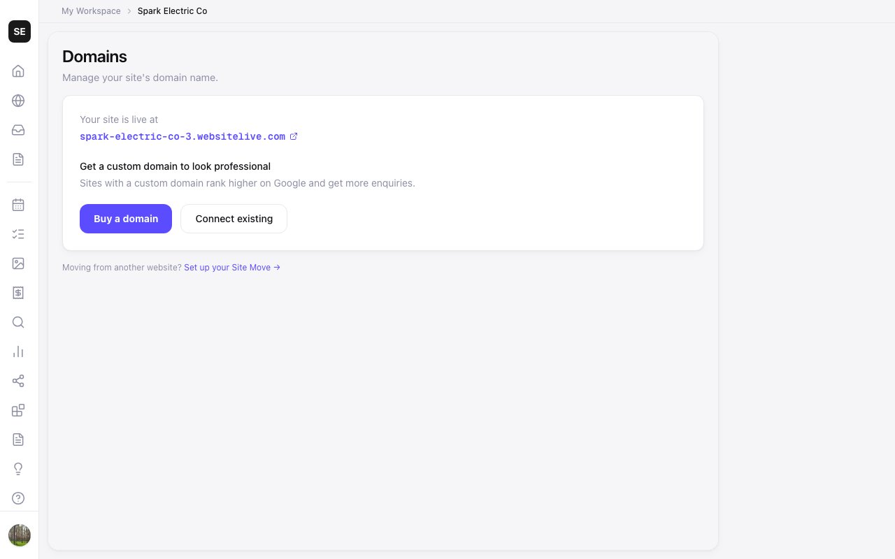 Zarla's Domains page for a live site, with Buy a domain and Connect existing buttons.