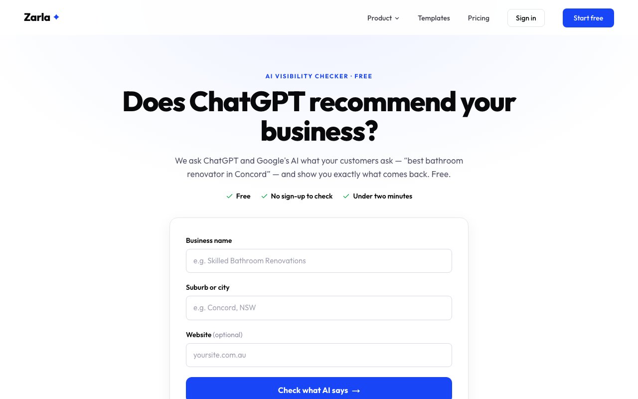 The free AI Visibility Checker page: enter a business name and suburb to see what AI assistants say about it.