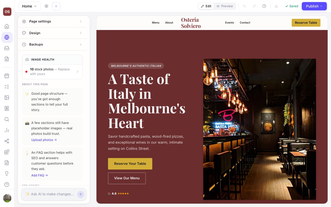The Zarla editor: a finished Italian restaurant website on the canvas, with the AI chat bar ready for changes.