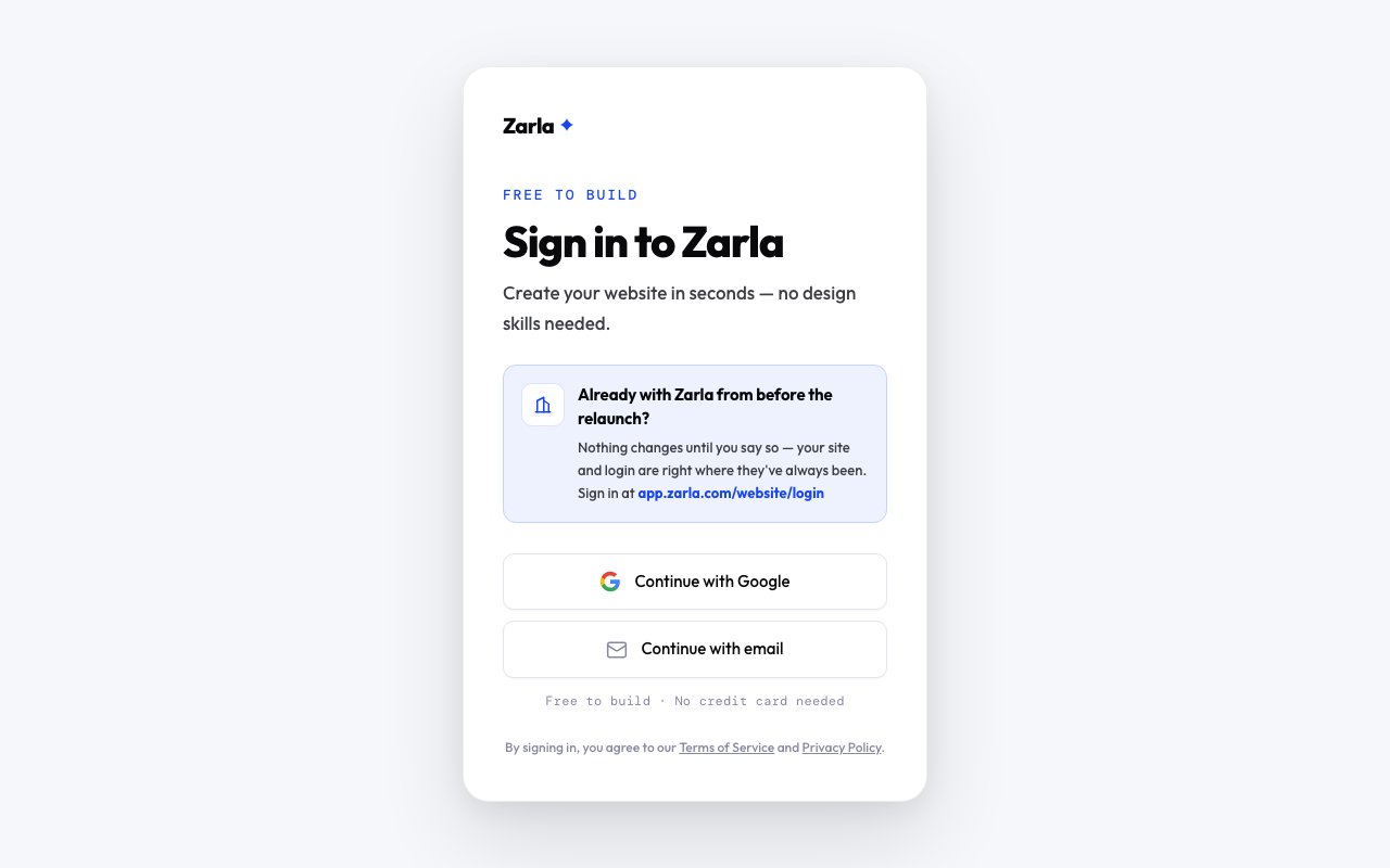 The Zarla sign-in page with two buttons: Continue with Google, and Continue with email.
