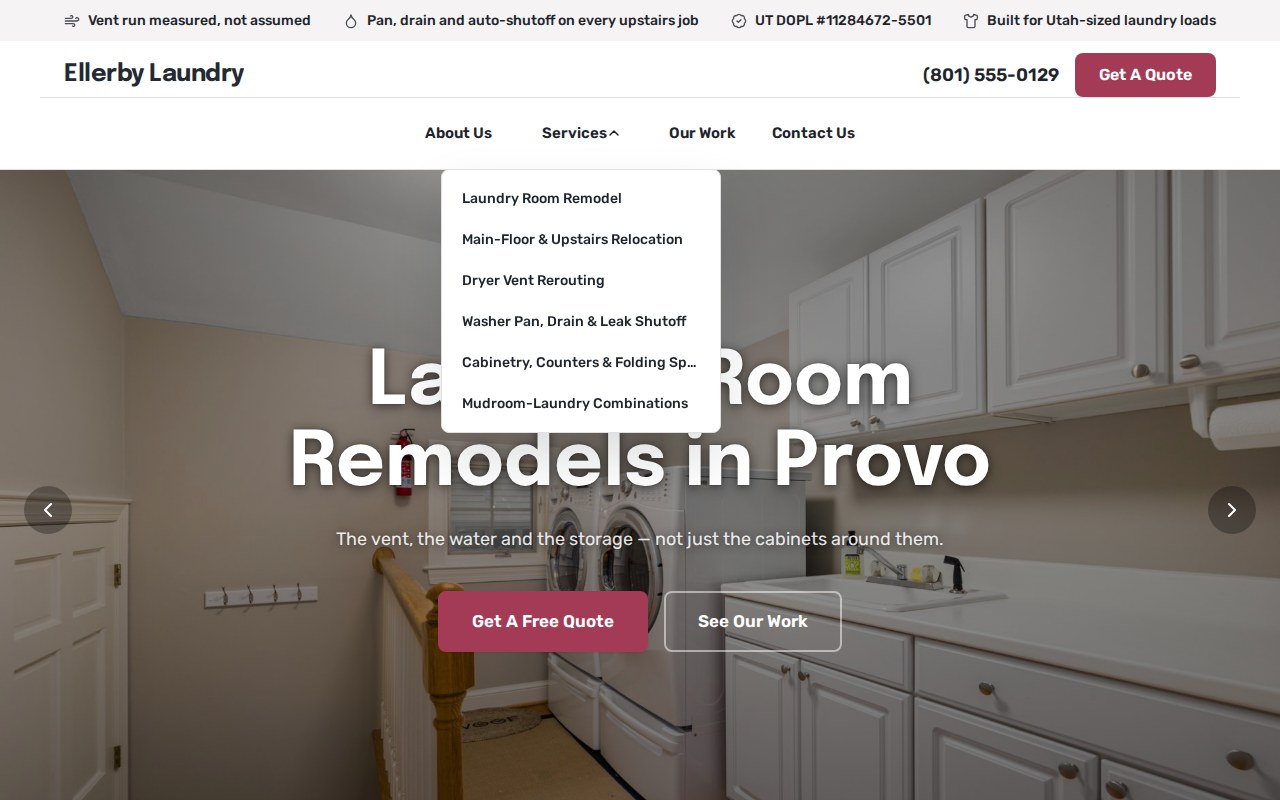 A services drop-down menu held open over a laundry-remodel website's homepage.