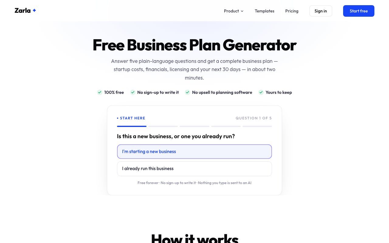 The free business plan generator page: the first question asks whether you're starting a new business or already running one.