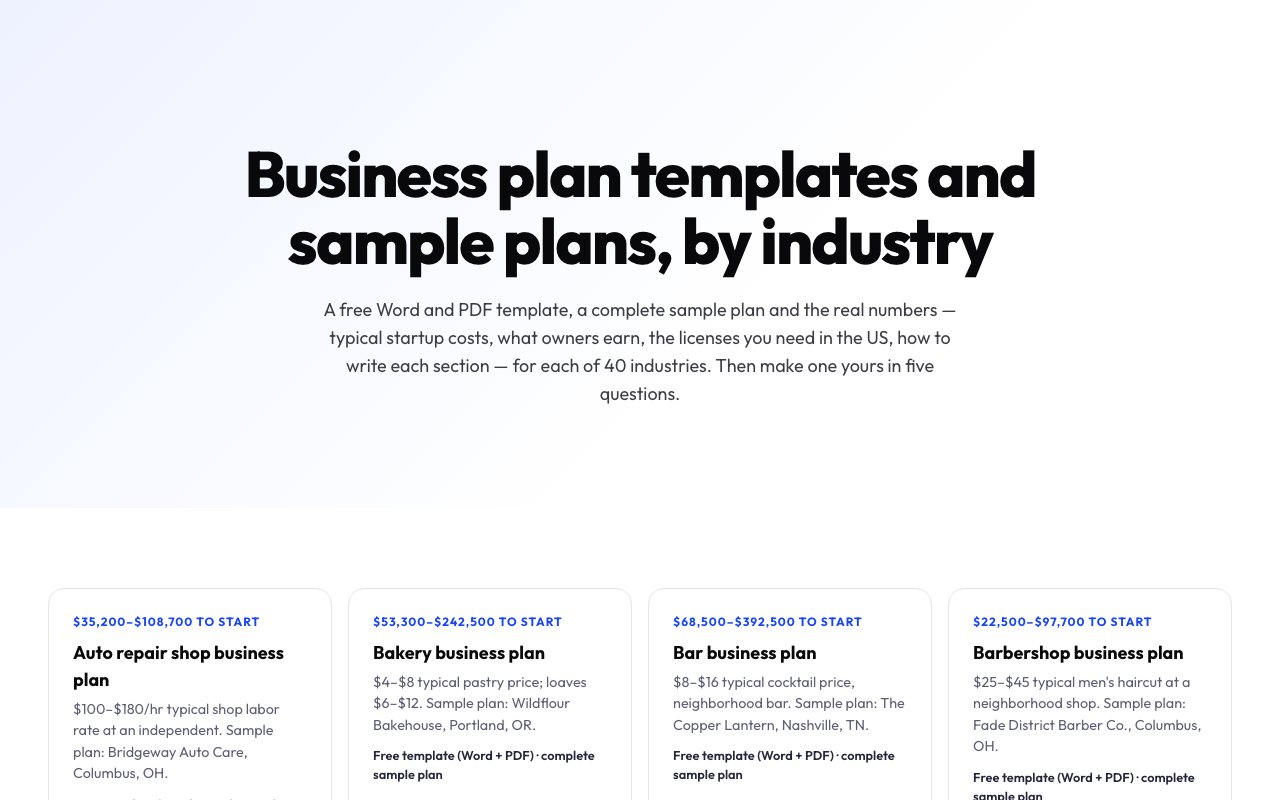 The business plans hub: a headline over a row of industry cards, each with a startup-cost range and a sample business.