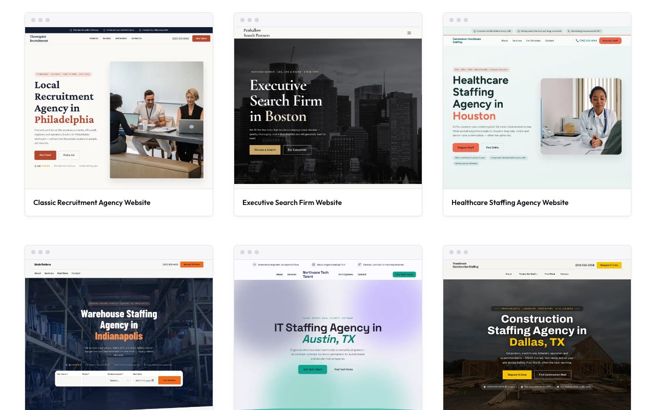 The recruitment template gallery with several agency website designs in a grid