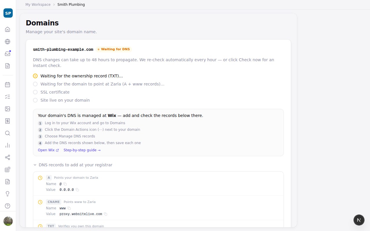 The domain setup page showing waiting steps, Wix-specific DNS directions with a login link, and a step-by-step guide link