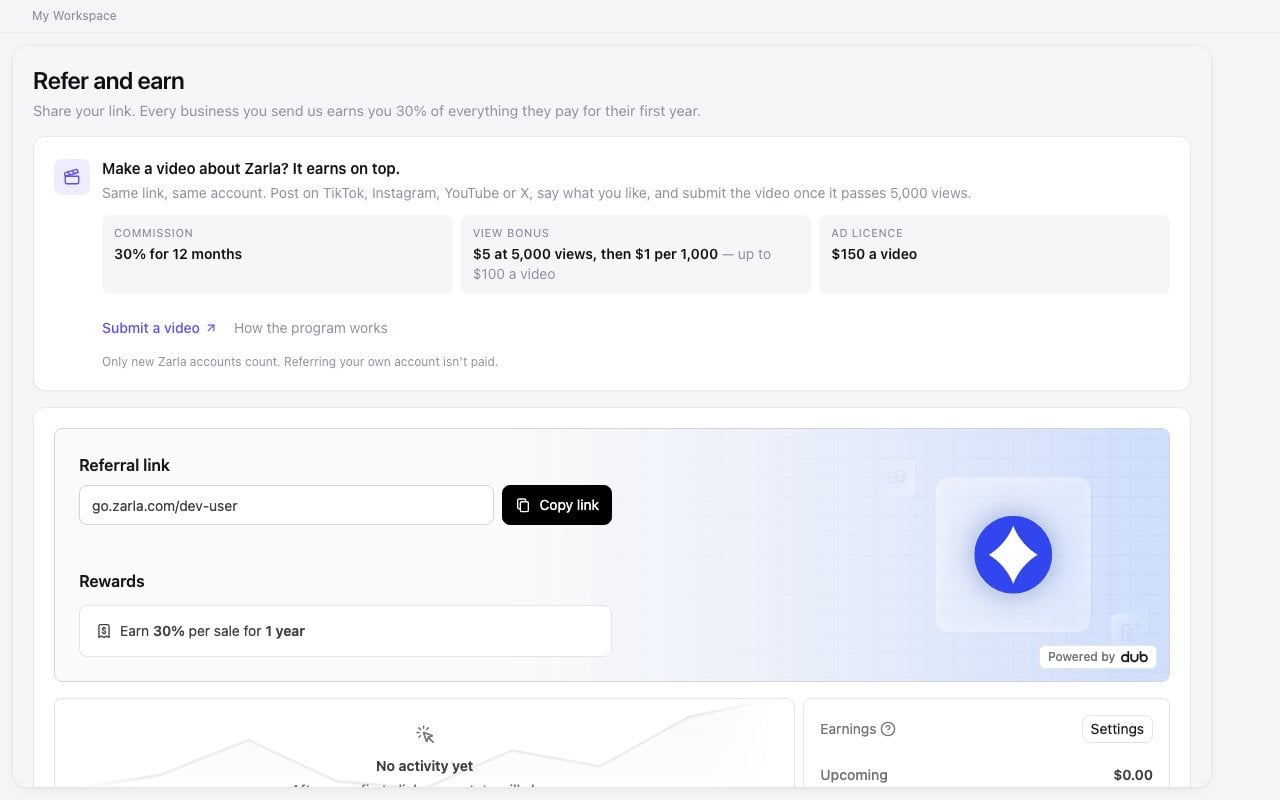 The Refer and earn page in a Zarla account: a referral link with a Copy link button, the 30% reward, and an earnings panel