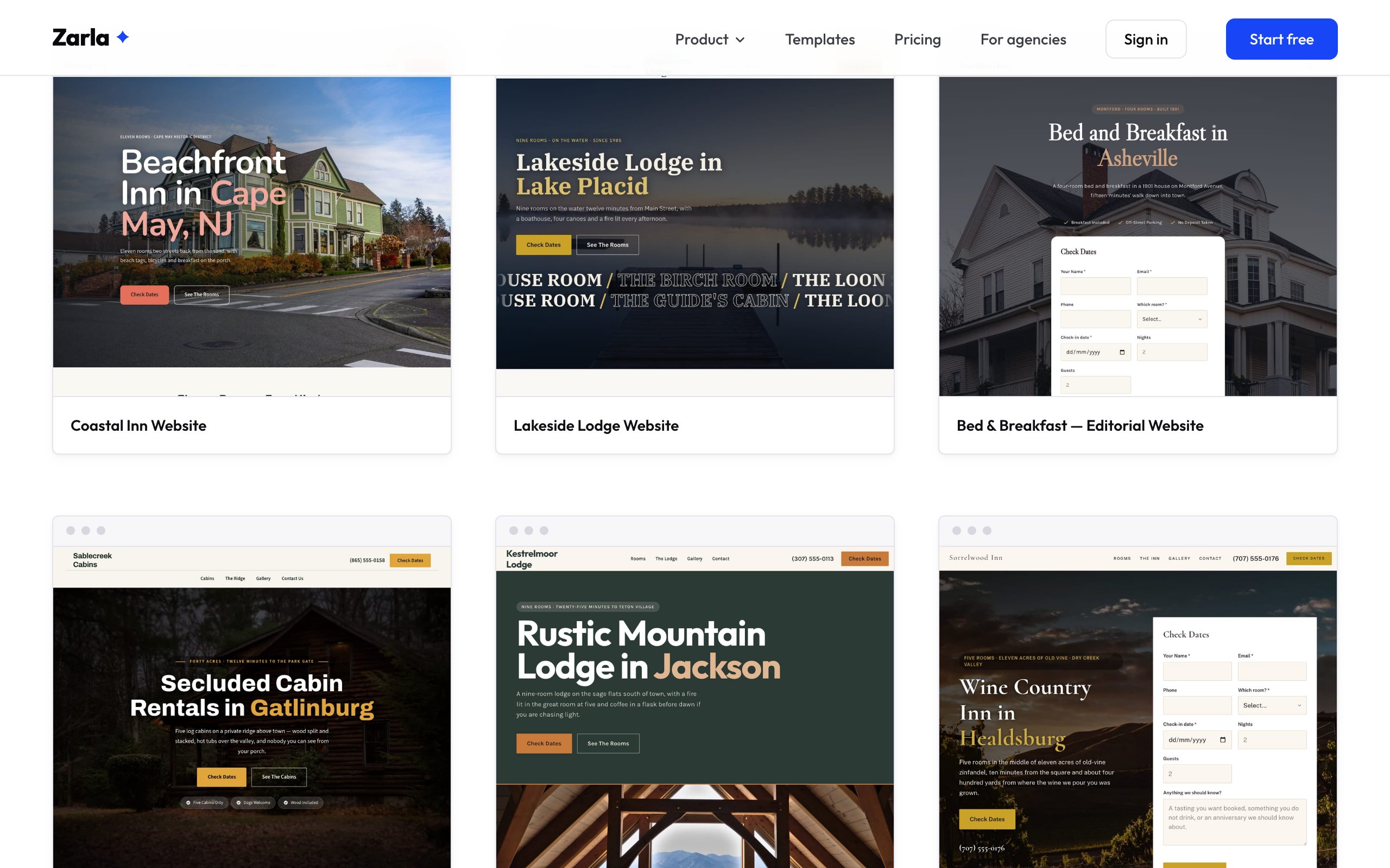 The bed and breakfast template gallery showing six lodging website designs in a grid