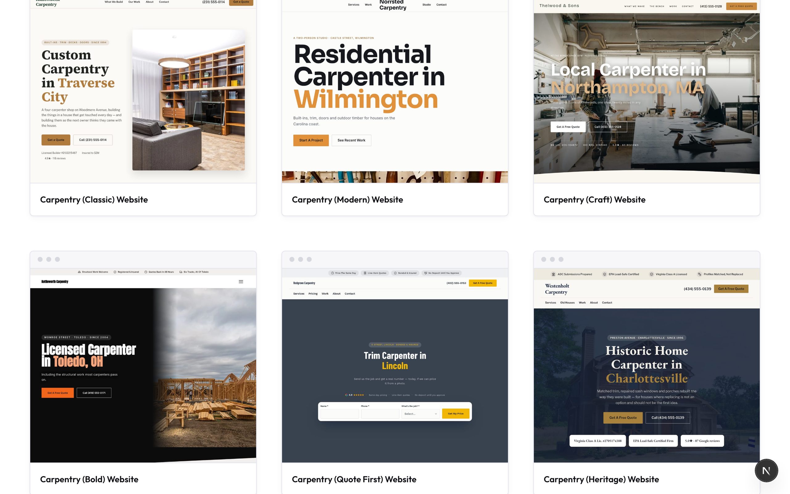 The carpenter template gallery showing carpentry website designs in a grid