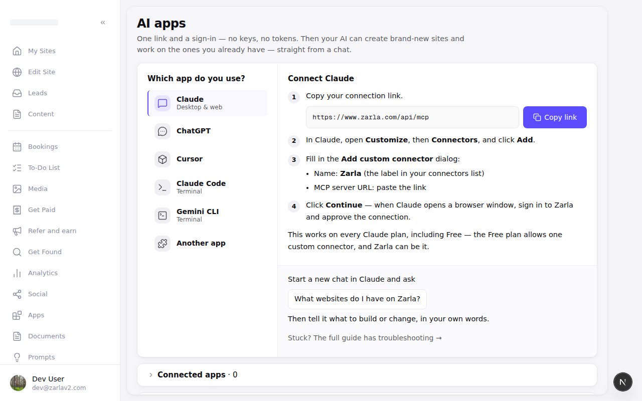 The AI apps page with Claude selected: the six apps listed down the left, numbered setup steps with a Copy link button beside them, and what to ask first in a band below the steps