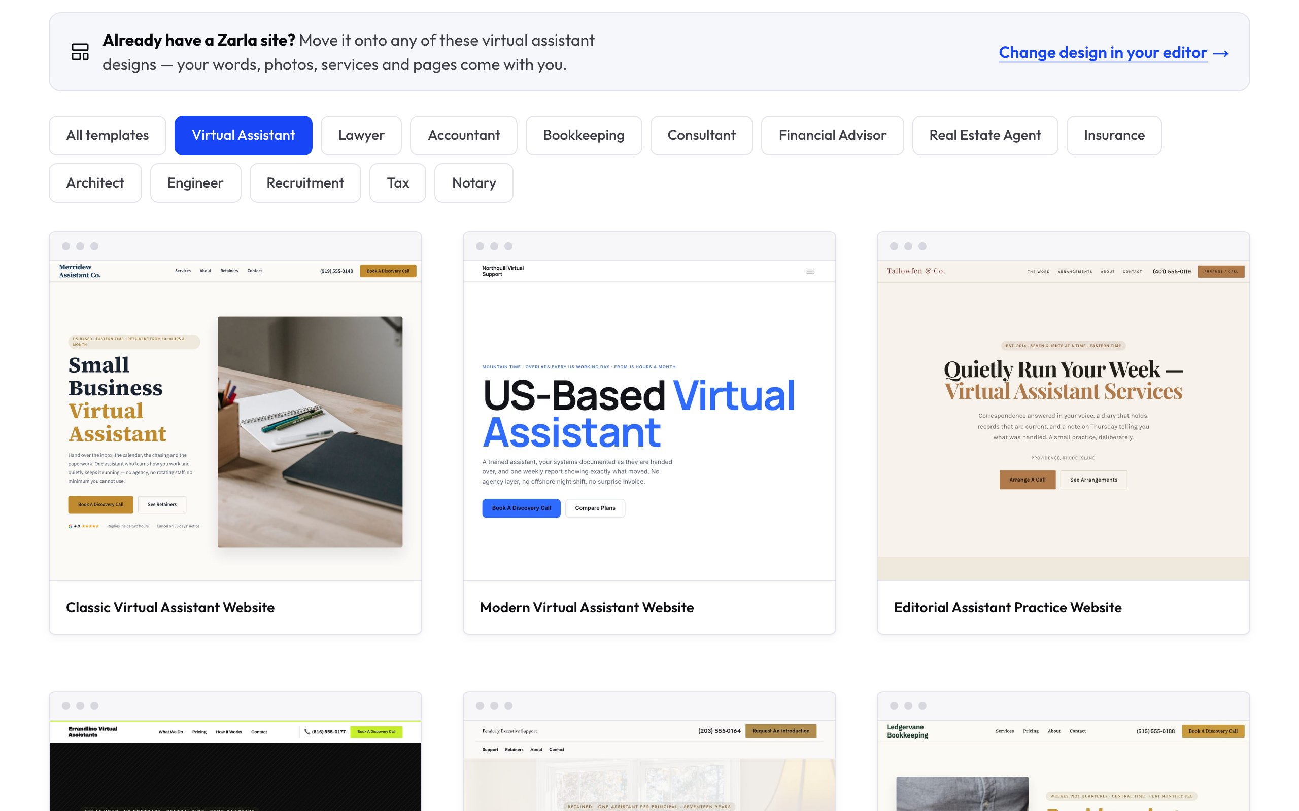 The virtual assistant template gallery with several assistant website designs in a grid