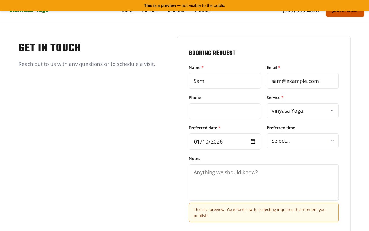 A site preview with the preview banner at the top and a filled-in contact form showing the notice that the form starts collecting inquiries when the site is published