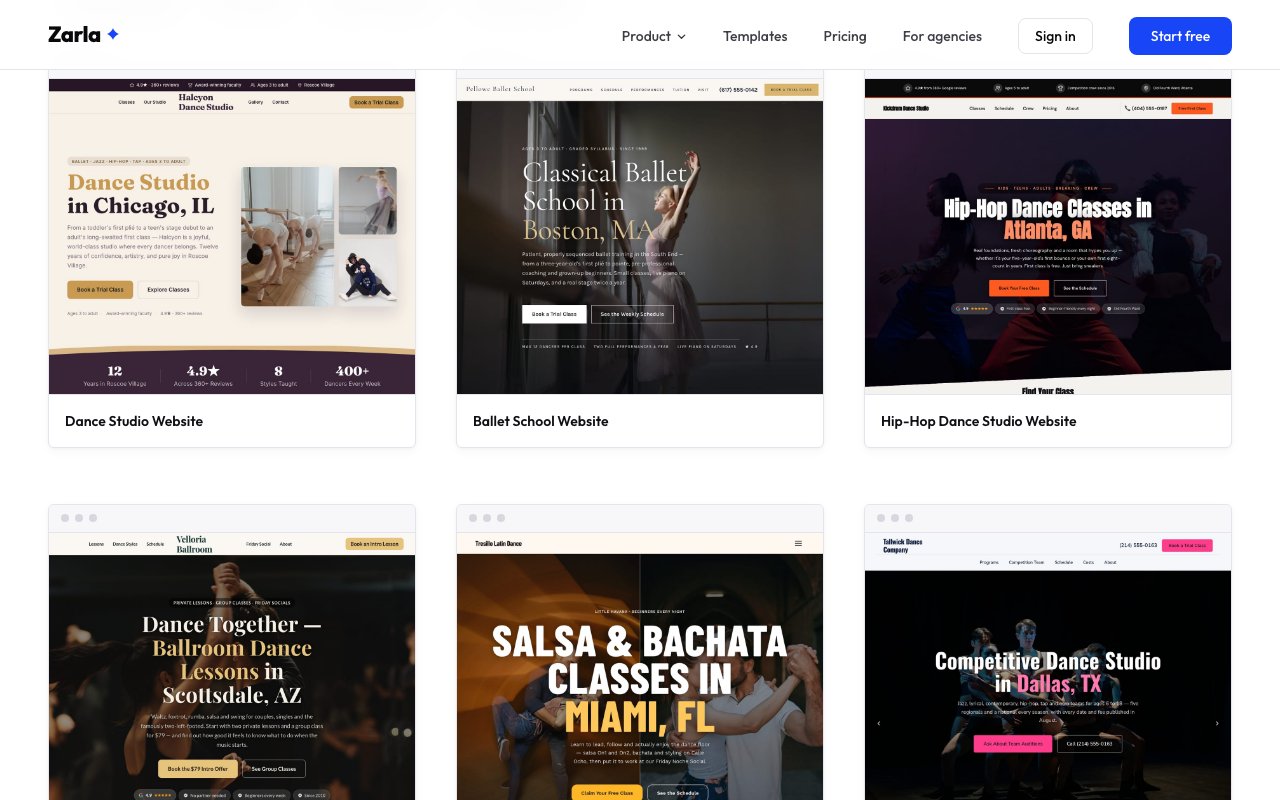 The dance studio template gallery showing six designs in a grid, including a ballet school, a hip-hop studio, a ballroom studio and a salsa and bachata studio