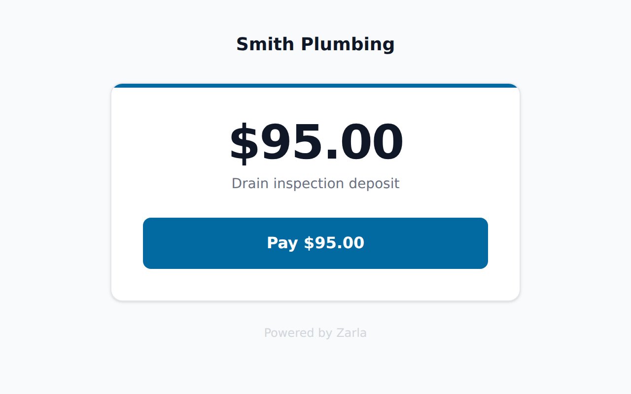 A payment page for Smith Plumbing showing the amount due for a drain inspection deposit and a blue Pay button