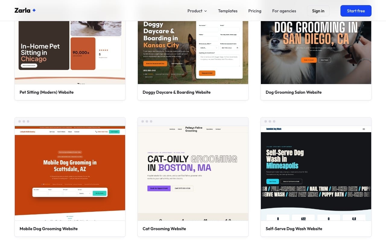 The pet-care template gallery showing six designs in a grid, including a dog grooming salon, a mobile dog grooming site with a quote bar, a cat-only groomer and a self-serve dog wash
