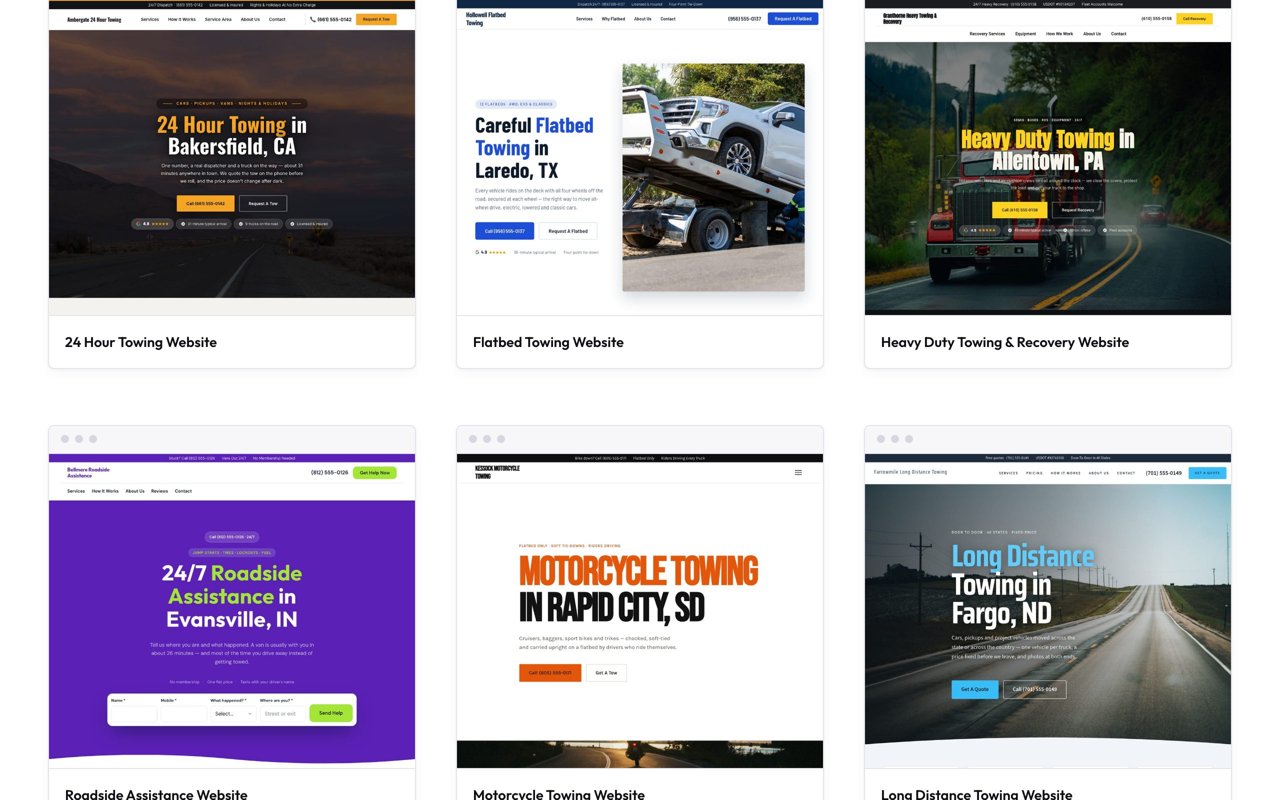 The towing template gallery with several towing company website designs in a grid