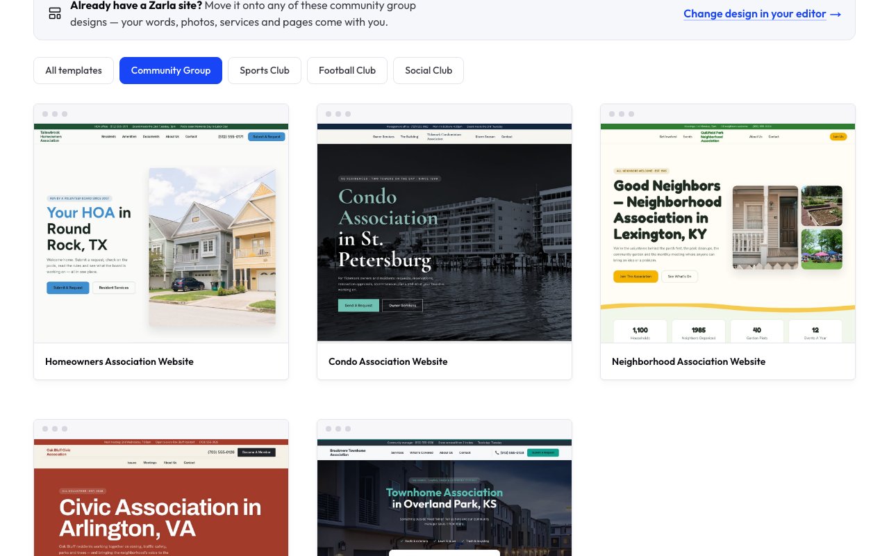 The community group template gallery showing homeowners, condo, neighborhood, civic and townhome association website designs