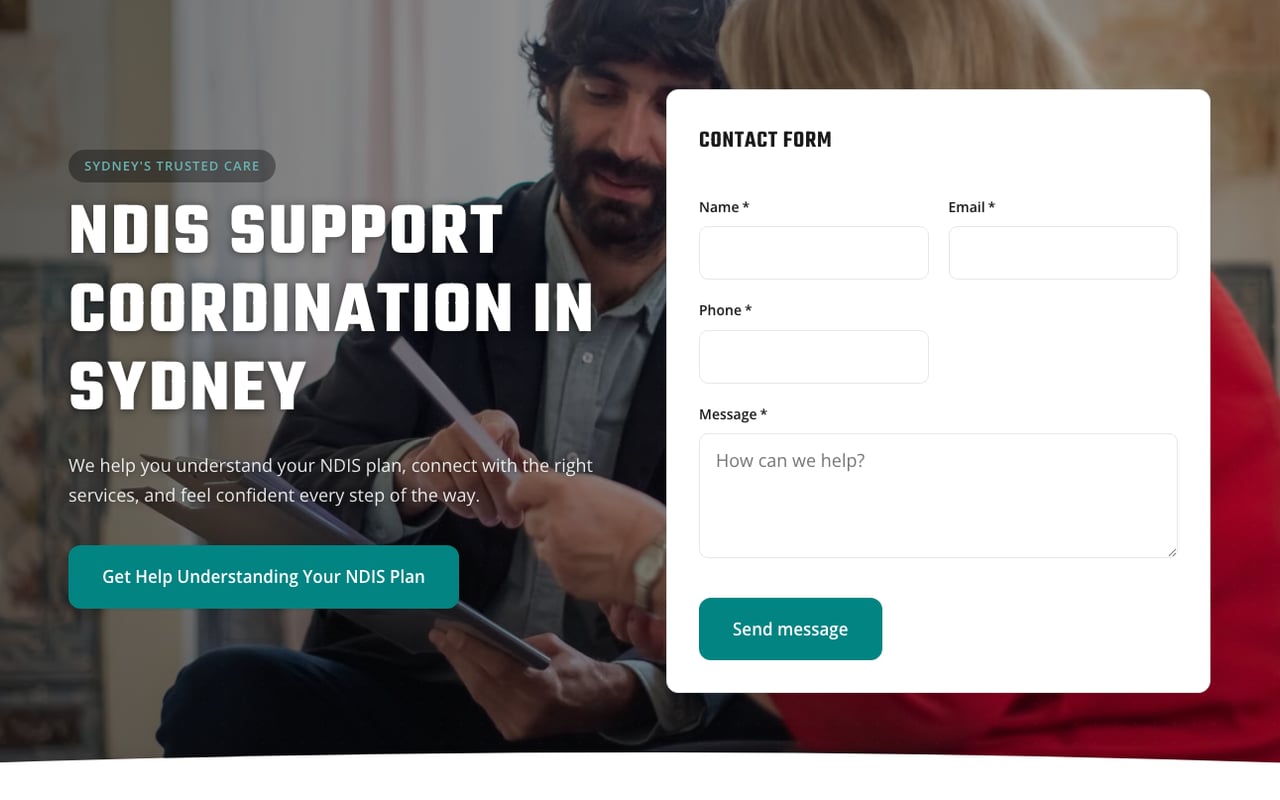 A wide-screen hero with the headline NDIS Support Coordination in Sydney on three lines beside a contact form