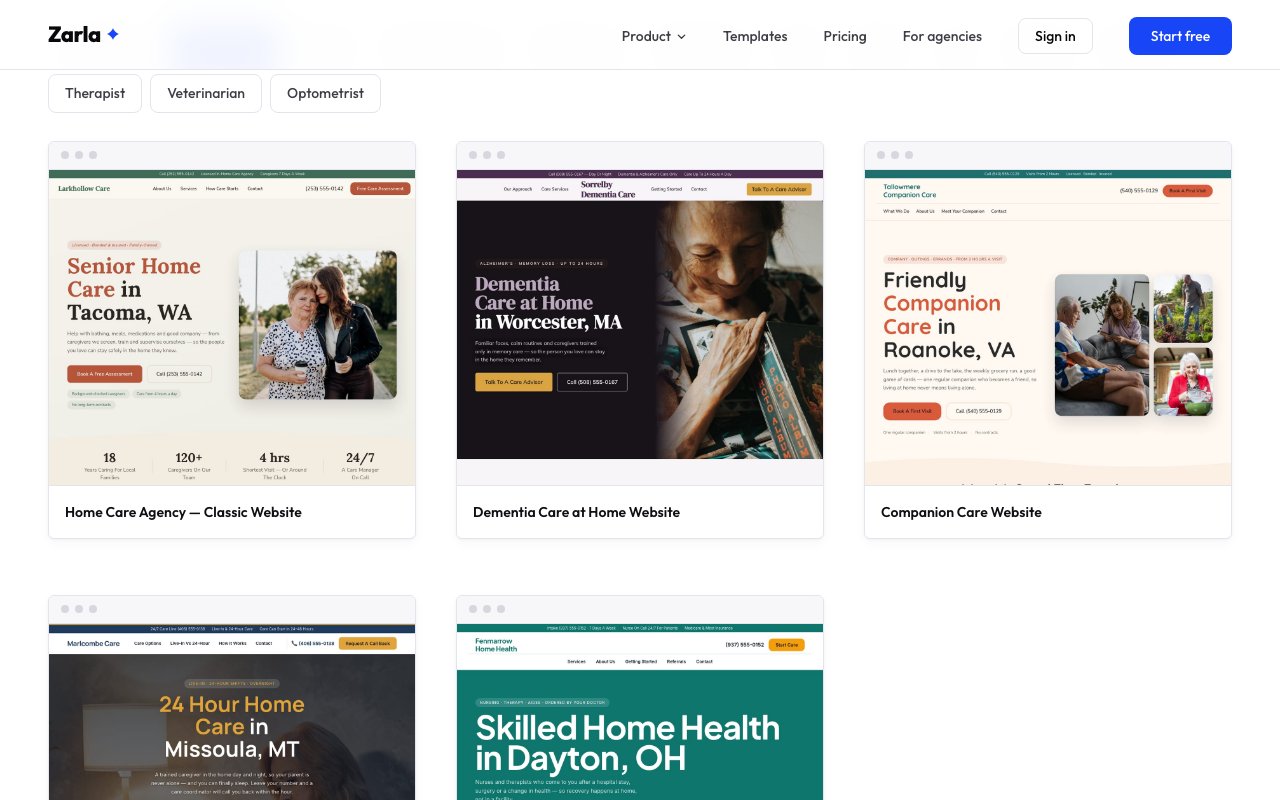 The home care template gallery showing designs for a senior home care agency, dementia care at home and companion care