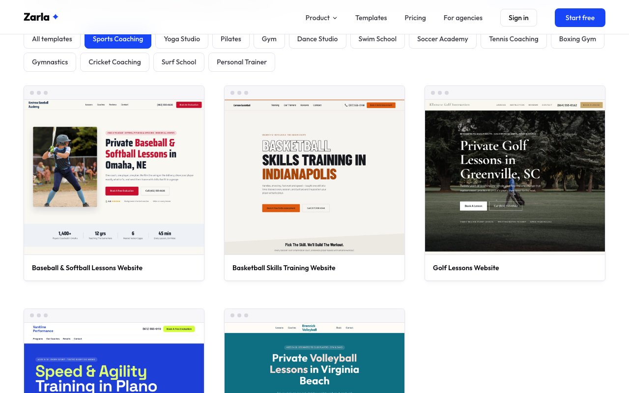The sports coaching template gallery showing five coaching website designs