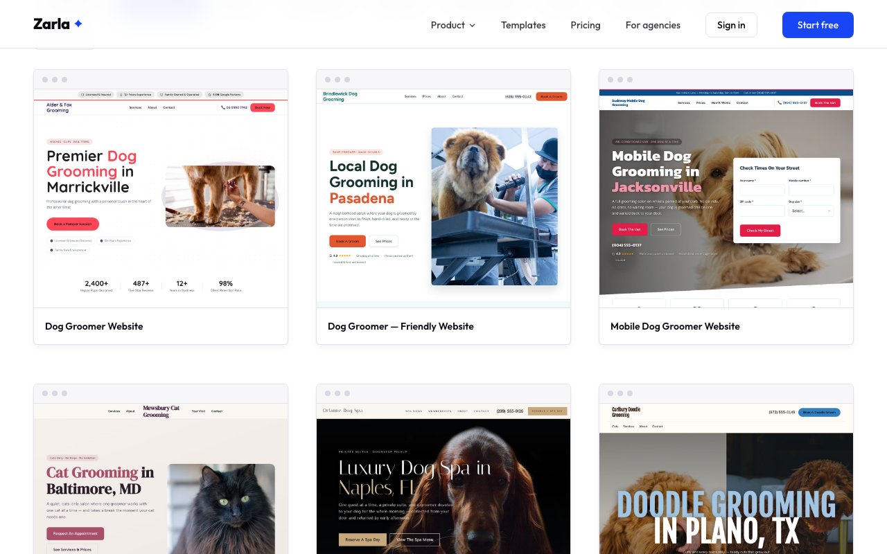 The dog groomer template gallery showing six design previews, including a mobile dog groomer, a cat groomer, a dog spa and a doodle groomer