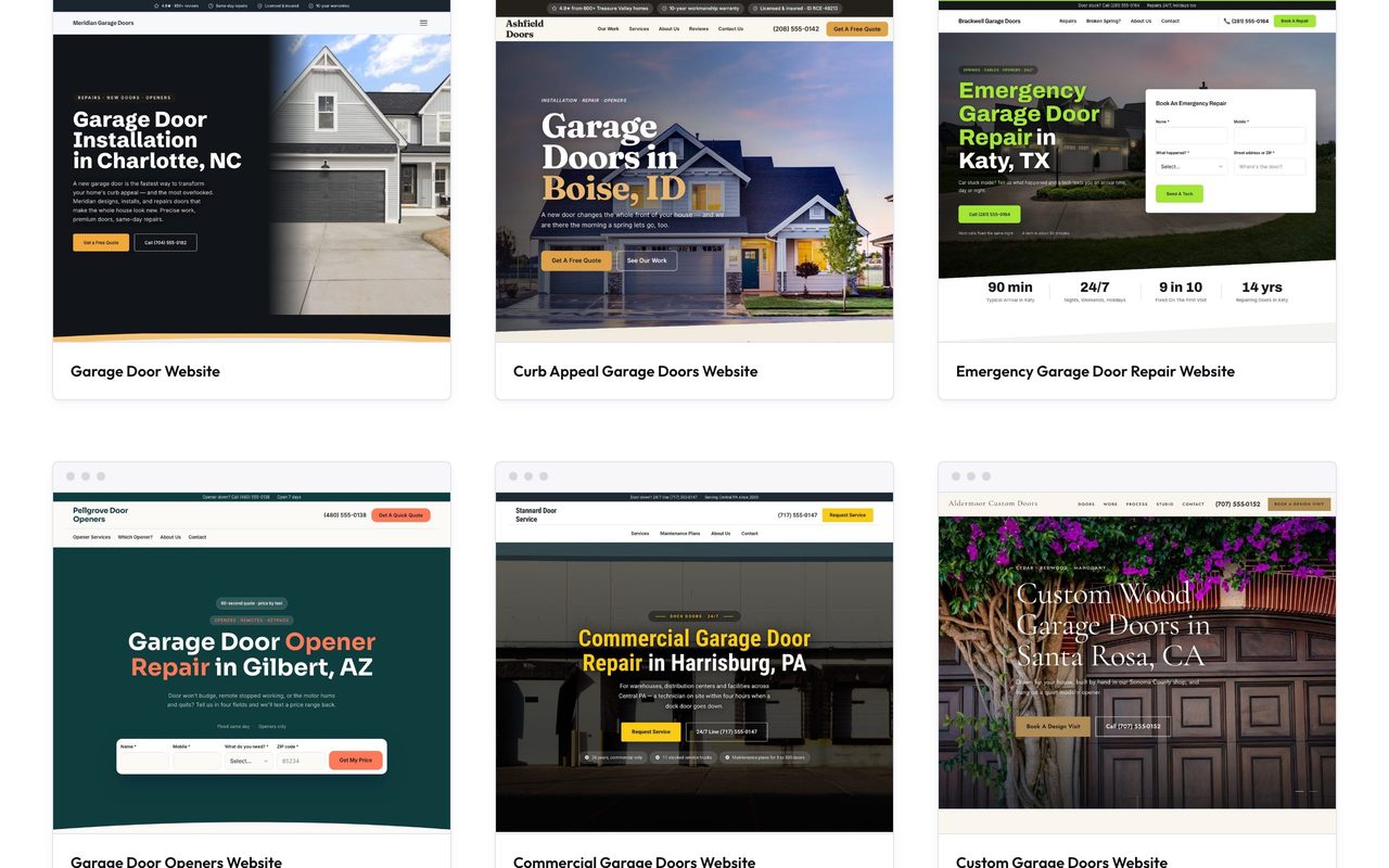 The garage door template gallery showing designs for emergency repair, openers, commercial doors and custom wood doors