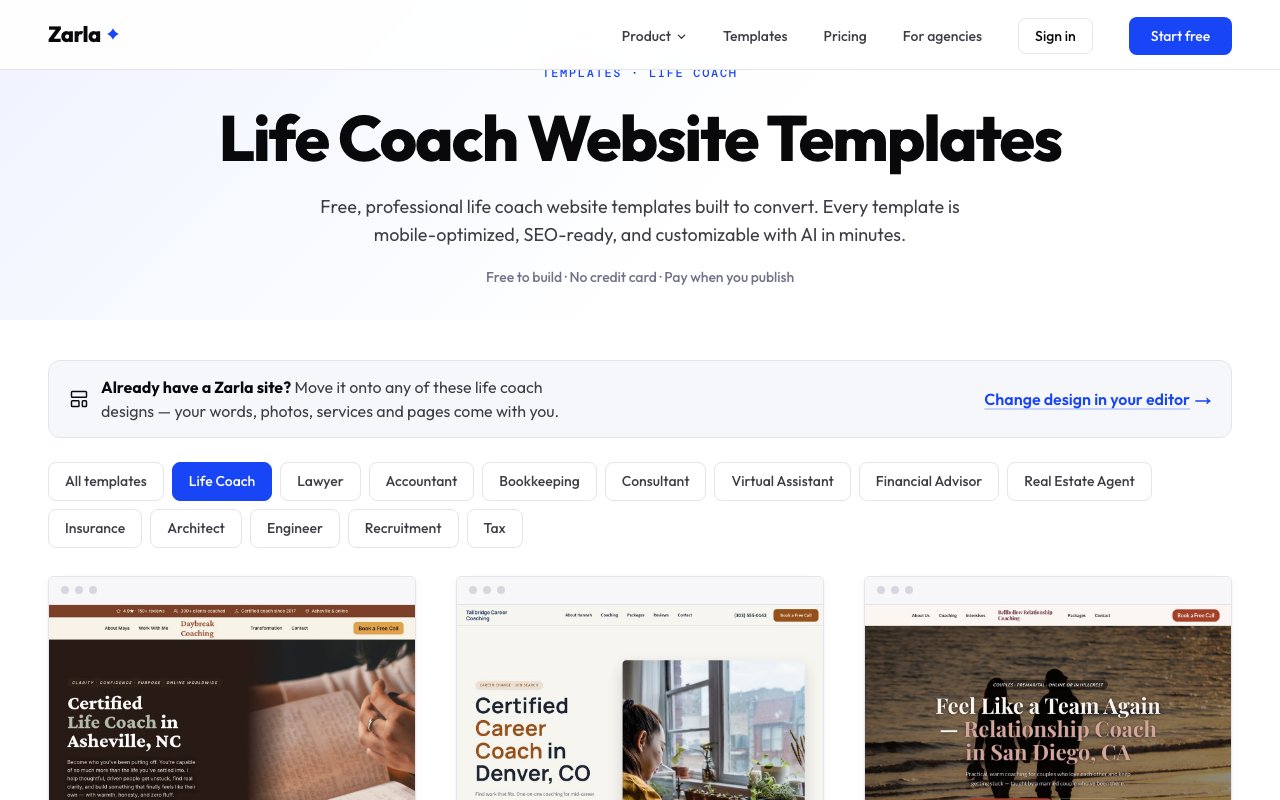 The life coach template gallery showing a life coach, a career coach and a relationship coach design