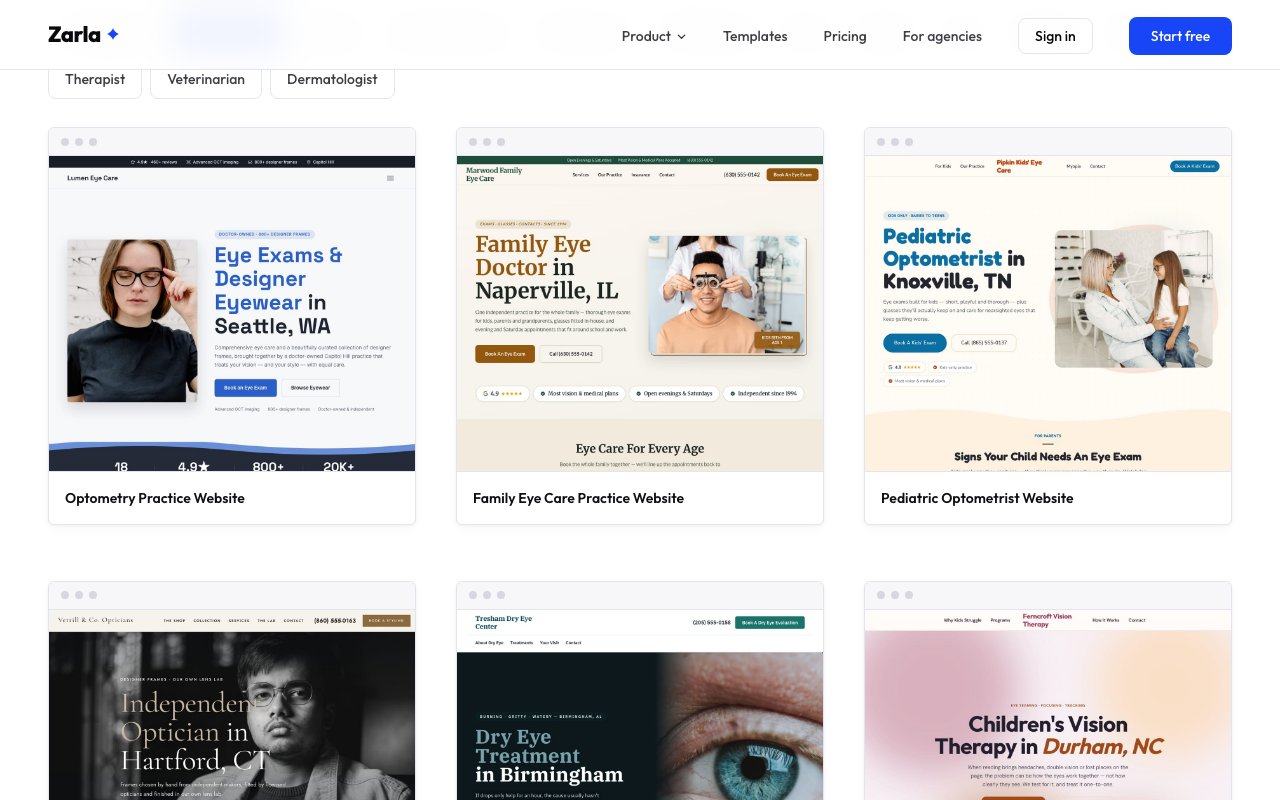 Six of the eight optometrist website designs in the template gallery grid
