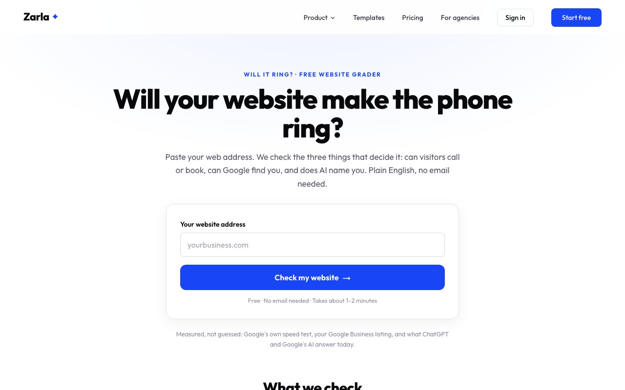 The Will It Ring? website grader: one field for your web address and a Check my website button