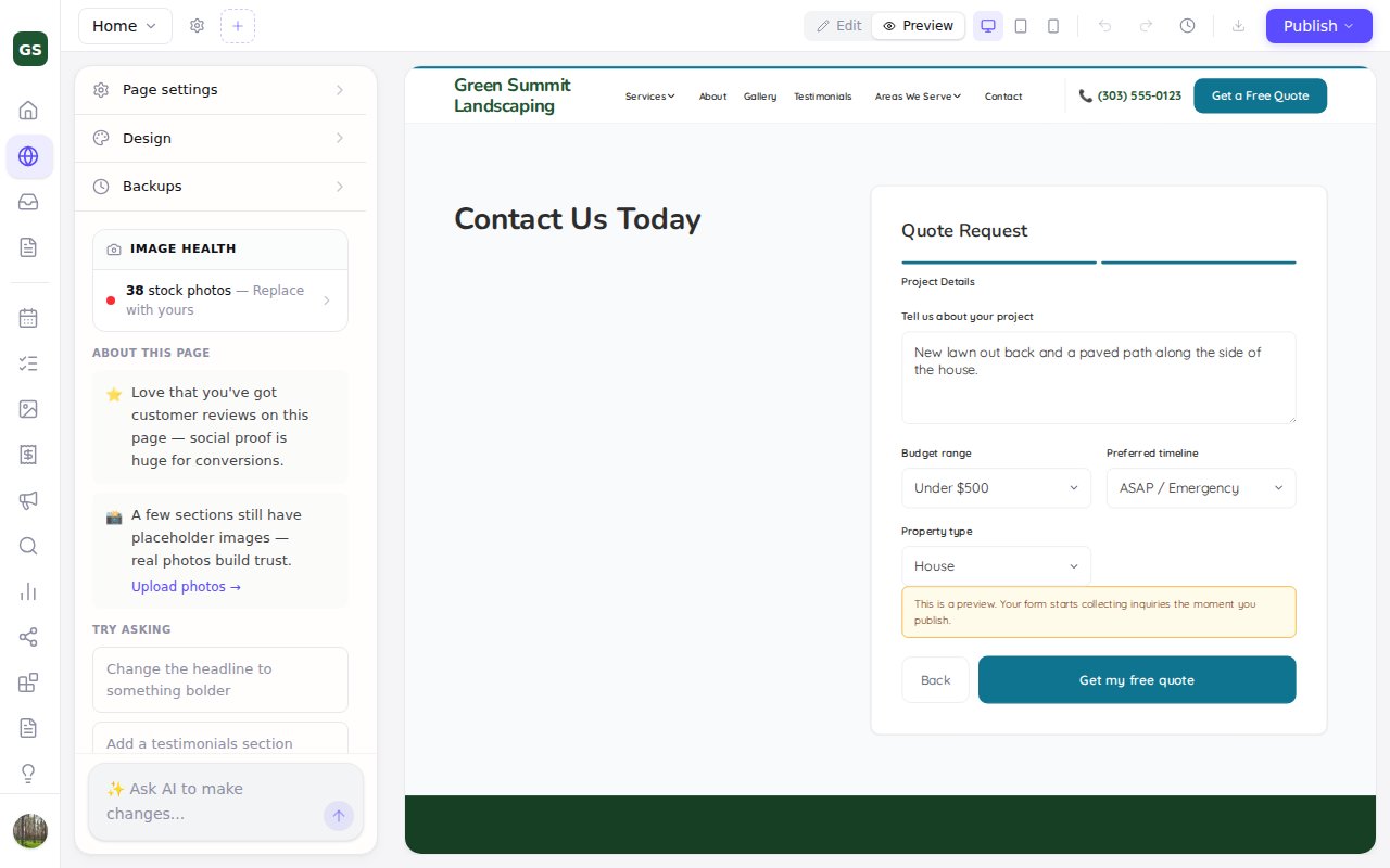 The Zarla editor in Preview mode, with a two-step quote form on its second step, filled in, showing a note that the form starts collecting inquiries once the site is published