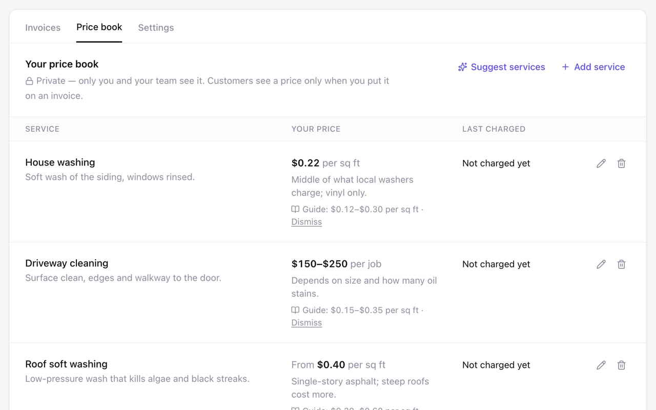 The Price book tab: house washing, driveway cleaning and roof soft washing, each with its price, a private note and the pricing guide's range beside it